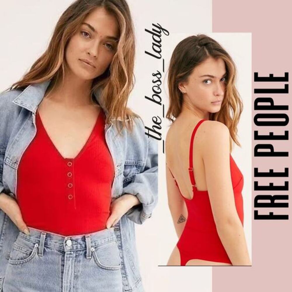 Free People bodysuit red v-neck stretchy long sleeve thong XS